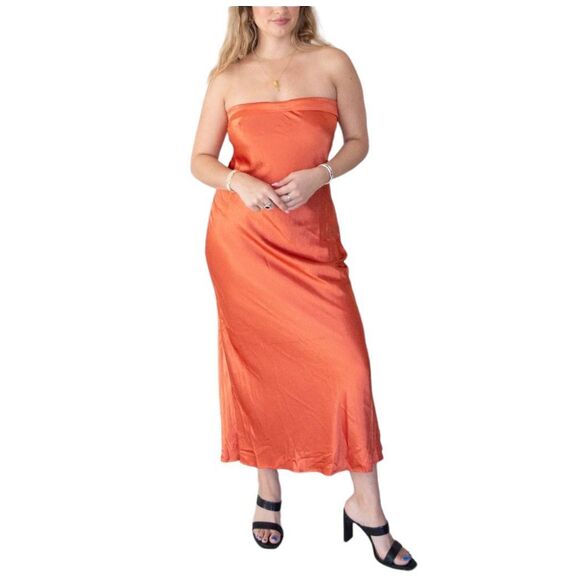 Formal Melon Orange Strapless Empire Waist Mid Length Cocktail Evening Dress - Picture 2 of 9